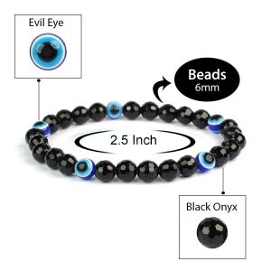 Black Onyx with Evil Eye Faceted 6 mm Bead Bracelet