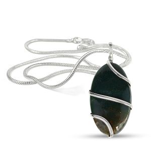 Bloodstone Oval Wire Wrapped Pendant with Chain