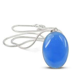 AAA Quality Blue Onyx Oval Pendant With Silver Polished Metal Chain