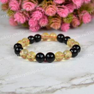 Citrine with Black Onyx Combination 10 mm Round Beads Bracelet  Charged By Reiki Grand Master & Vaastu Expert
