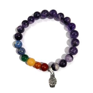 Amethyst Bracelet with Hanging Buddha Head Charm 8 mm Round Beads Bracelet