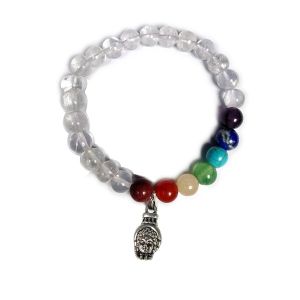 Clear Quartz Bracelet with Hanging Buddha Head Charm 8 mm Round Beads Bracelet