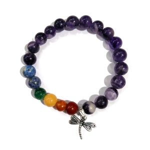 Amethyst Bracelet with Hanging Dragon Fly Charm 8 mm Round Beads Bracelet