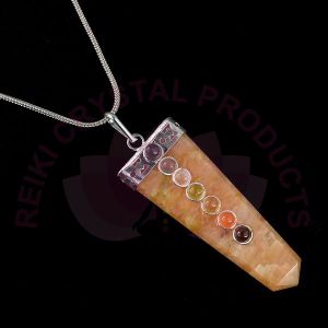 Carnelian Flat Stick 7 Chakra Beads Pendant with Silver Polished Metal Chain