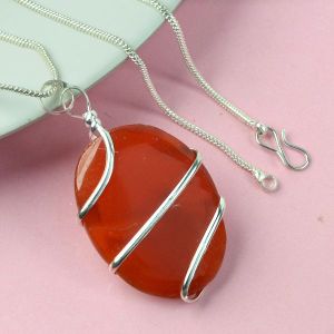 Carnelian Oval Wire Wrapped Pendant with Chain