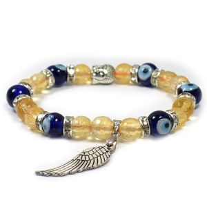 Citrine with Evil Eye 8 mm Faceted Bead Buddha Head and Angel Feather Charm Bracelet