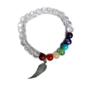 Clear Quartz Bracelet with Hanging Angel Feather Charm 8 mm Round Beads Bracelet