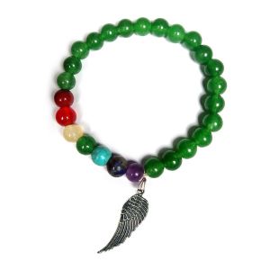 Green Aventurine Bracelet with Hanging Angel Feather Charm 8 mm Round Beads Bracelet