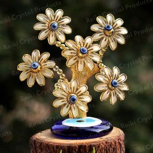 Evil Eye Tree with Glass Base, 6 flower for Home Decorative Showpiece Golden Color