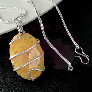 Golden Quartz Oval Wire Wrapped Pendant with Chain