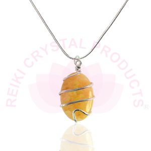 Golden Quartz Oval Wire Wrapped Pendant with Chain