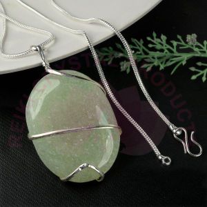 Green Aventurine Oval Wire Wrapped Pendant with Chain