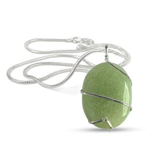 Green Jade Oval Wire Wrapped Pendant with Chain