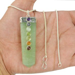 Green Jade Flat Stick 7 Chakra Beads Pendant with Chain