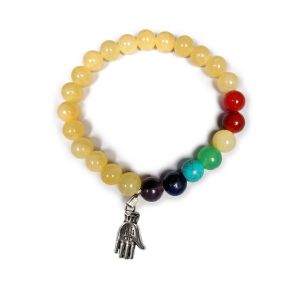 Golden Quartz with 7 Chakra Fatima Hand Charm Hanging Bracelet