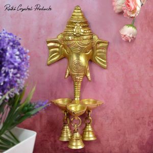 Wall Hanging Brass Ganesha Handwork Puja Idol Oil Lamp Three Diyas and Bells