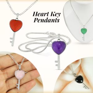 Natural Crystal Stone Heart Key Shape Pendant / Locket with Metal Chain