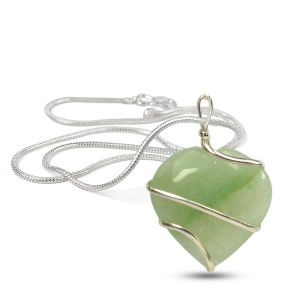 Green Jade Heart Wire Wrapped Pendant With Chain