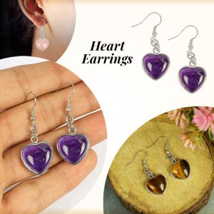 Crystal Stone Heart Frame Shape Earrings / Tpos / Studs Amethyst, Rose Quartz, Tiger Eye Gemstone Earrings