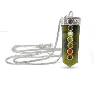 Labradorite Flat Stick 7 Chakra Beads Pendant with Chain