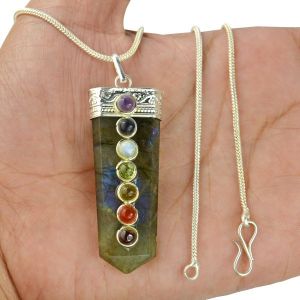 Labradorite Flat Stick 7 Chakra Beads Pendant with Chain