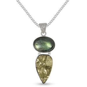 Natural Labradorite Pyrite Oval Shape Pendant/Locket With Stone Metal Chain For Unisex 