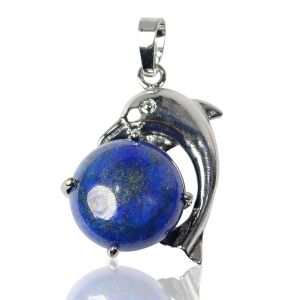 Lapis Lazuli Dolphin Shape Pendant with Metal Polished Chain