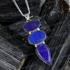 Natural Lapis Lazuli 3 Stone Pendant/Locket With Metal Chain For Unisex Crystal Stone Pendant