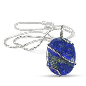 Lapis Lazuli Oval Wire Wrapped Pendant with Chain