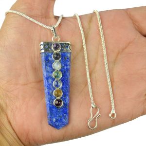 Lapis Lazuli Flat Stick 7 Chakra Beads Pendant with Chain