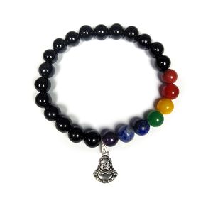 Black Onyx Bracelet with Hanging Laughing Buddha Charm 8 mm Round Beads Bracelet