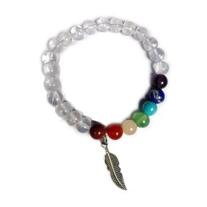Clear Quartz Bracelet with Hanging Leaf Charm 8 mm Round Beads Bracelet
