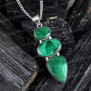 Natural Malachite 3 Stone Pendant/Locket With Metal Chain For Unisex Crystal Stone Pendant