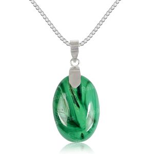 Natural Malachite Oval Shape Pendent With Metal Chain For Unisex