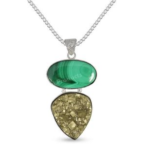 Natural Malachite Pyrite Oval Shape Pendant/Locket With Metal Chain For Unisex