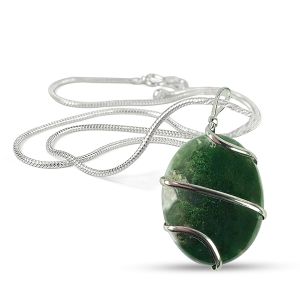 Moss Agate Oval Wire Wrapped Pendant with Chain