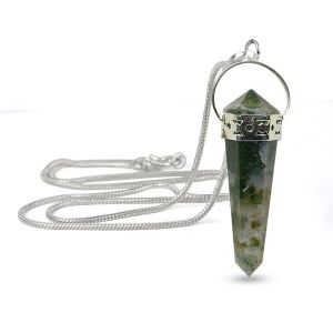 Moss Agate Double Terminated Pencil Pendant With Chain