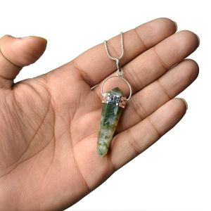 Moss Agate Double Terminated Pencil Pendant With Chain