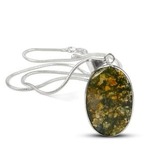 AAA Quality Moss Agate Oval Pendant With Chain