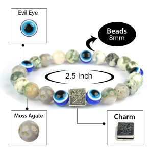 Moss Agate with Evil Eye 8 mm Bead Charm Bracelet