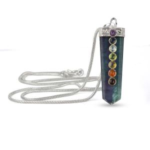 Multi Fluorite Flat Stick 7 Chakra Beads Pendant with Chain