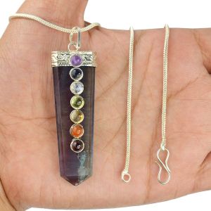 Multi Fluorite Flat Stick 7 Chakra Beads Pendant with Chain