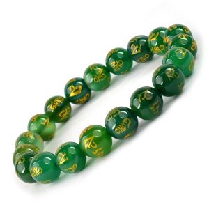 Green Onyx Om Mani Padme Hum 10 mm Engraved Bead Bracelet