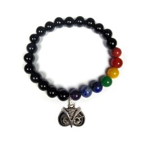 Black Onyx with 7 Chakra Owl Head Charm Hanging Bracelet