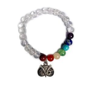 Clear Quartz Bracelet with Hanging Owl Head Charm 8 mm Round Beads Bracelet