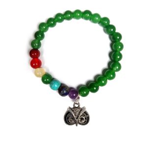 Green Aventurine Bracelet with Hanging Owl Head Charm 8 mm Round Beads Bracelet