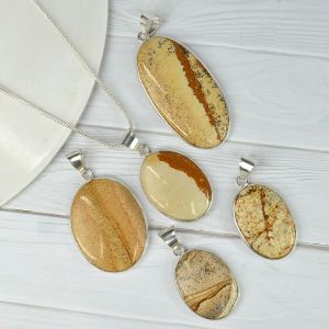 AAA Quality Picture Jasper Oval Pendant With Chain