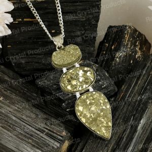 Natural Pyrite 3 Stone Pendant/Locket With Metal Chain For Unisex Crystal Stone Pendant