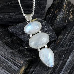 Natural  Rainbow Moonstone 3 Stone Pendant/Locket With Metal Chain For Unisex Crystal Stone Pendant