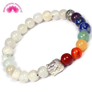 Rainbow Moonstone & 7 Chakra Buddha Head Combination 8 mm Bead Bracelet